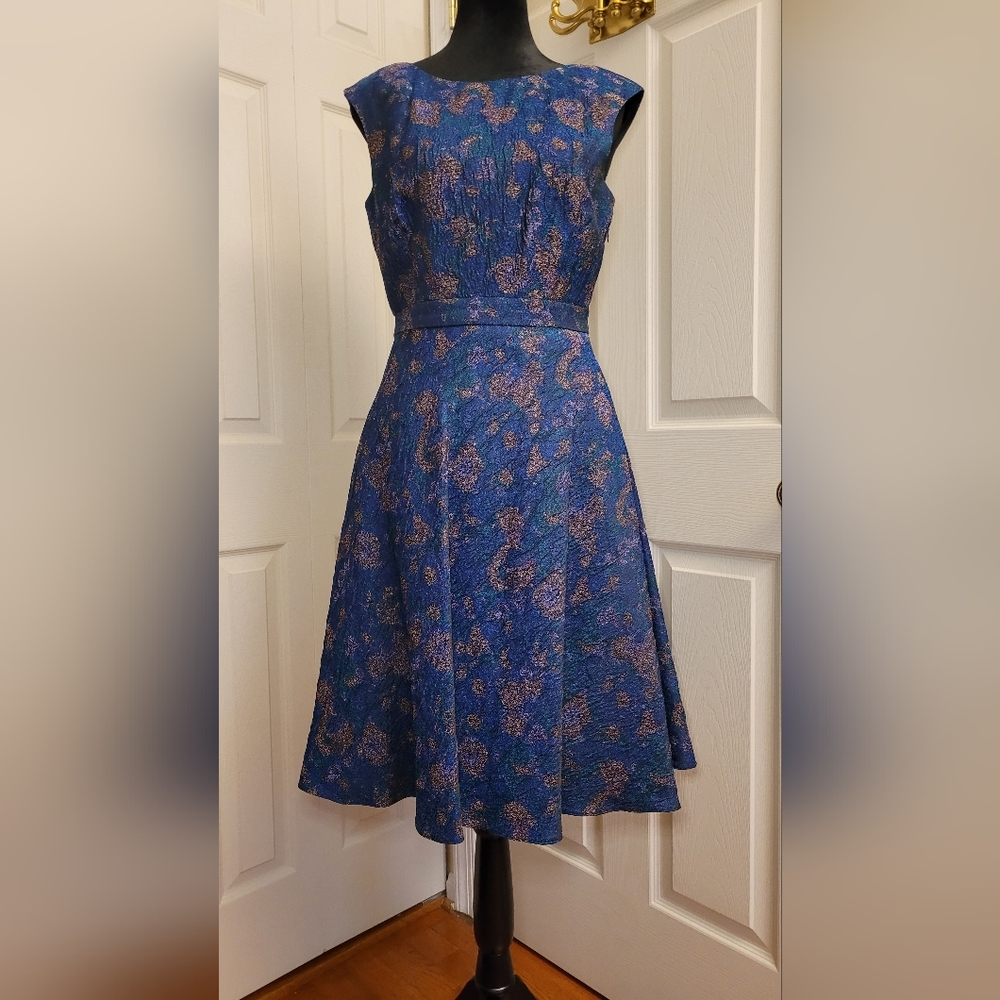 Boden Blue Floral Midi Dress with Metallic Accents
